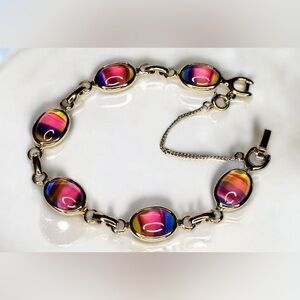 Vtg Sarah Coventry "Harmony" bracelet rainbow-coloured cabochon glass stones
